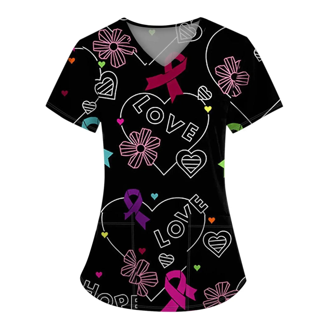 Exfoliante médico para mujer, Tops exfoliantes para el cáncer de mama para mujer, cuello en V, manga corta, bonito estampado de cinta, blusa simulada, uniformes médicos negros MedSurgery Store For Digital Health