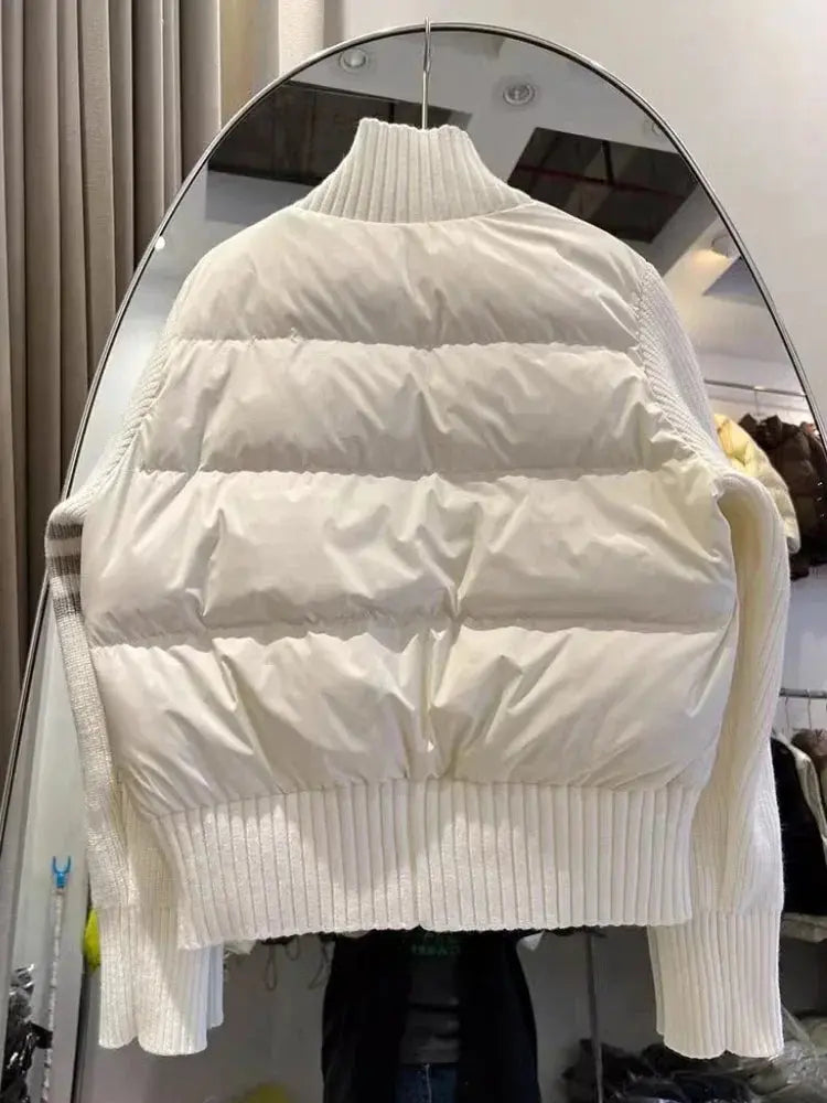 Chaqueta de plumón cálida blanca para mujer, abrigos cortos de manga empalmada tejidos con cuello informal a la moda de invierno, abrigo de plumón de pato blanco de alta calidad MedSurgery Store For Digital Health