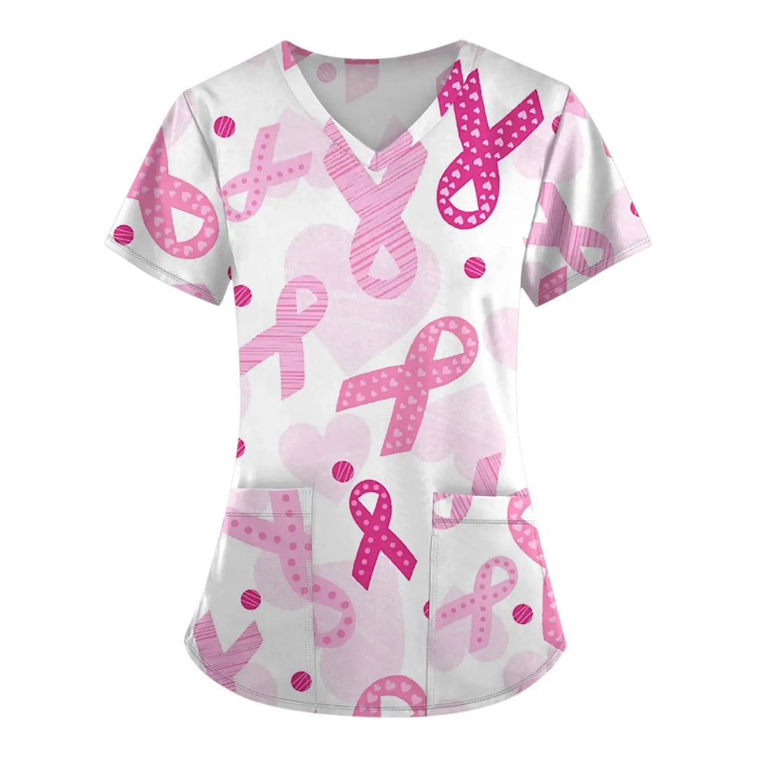 Exfoliante médico para mujer, Tops exfoliantes para el cáncer de mama para mujer, cuello en V, manga corta, bonito estampado de cinta, blusa simulada, uniformes médicos negros MedSurgery Store For Digital Health