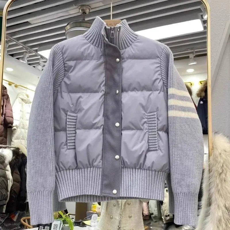 Chaqueta de plumón cálida blanca para mujer, abrigos cortos de manga empalmada tejidos con cuello informal a la moda de invierno, abrigo de plumón de pato blanco de alta calidad MedSurgery Store For Digital Health