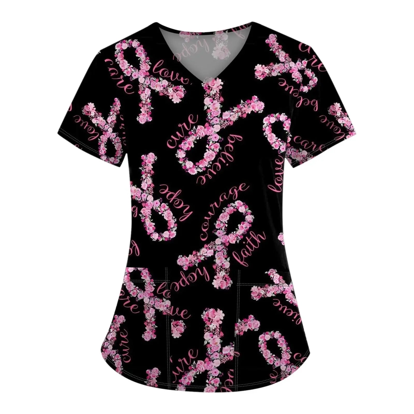 Exfoliante médico para mujer, Tops exfoliantes para el cáncer de mama para mujer, cuello en V, manga corta, bonito estampado de cinta, blusa simulada, uniformes médicos negros MedSurgery Store For Digital Health