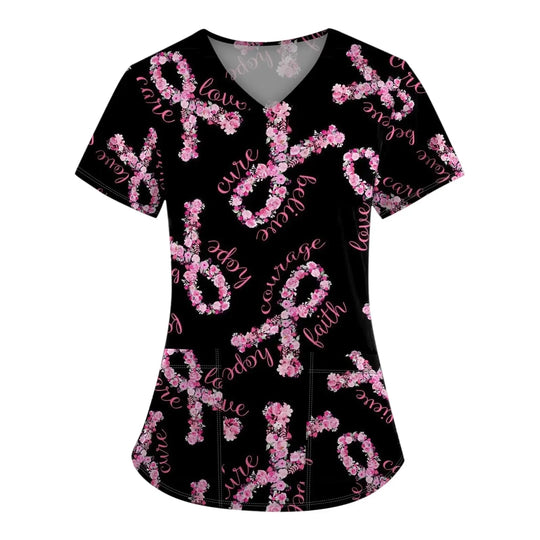 Exfoliante médico para mujer, Tops exfoliantes para el cáncer de mama para mujer, cuello en V, manga corta, bonito estampado de cinta, blusa simulada, uniformes médicos negros MedSurgery Store For Digital Health