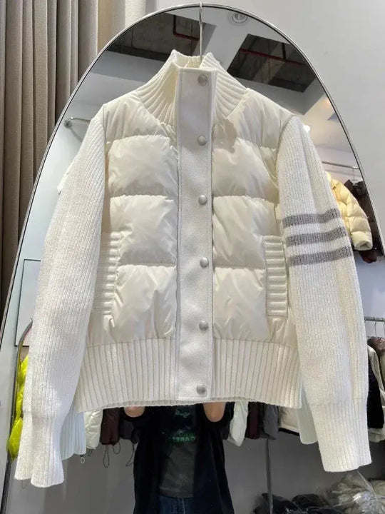 Chaqueta de plumón cálida blanca para mujer, abrigos cortos de manga empalmada tejidos con cuello informal a la moda de invierno, abrigo de plumón de pato blanco de alta calidad MedSurgery Store For Digital Health