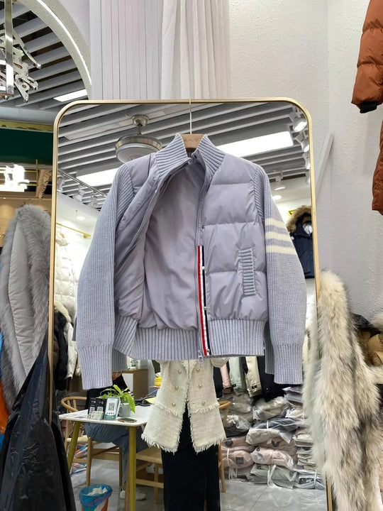 Chaqueta de plumón cálida blanca para mujer, abrigos cortos de manga empalmada tejidos con cuello informal a la moda de invierno, abrigo de plumón de pato blanco de alta calidad MedSurgery Store For Digital Health