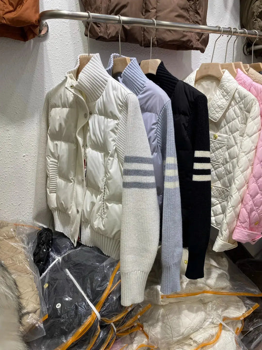 Chaqueta de plumón cálida blanca para mujer, abrigos cortos de manga empalmada tejidos con cuello informal a la moda de invierno, abrigo de plumón de pato blanco de alta calidad MedSurgery Store For Digital Health