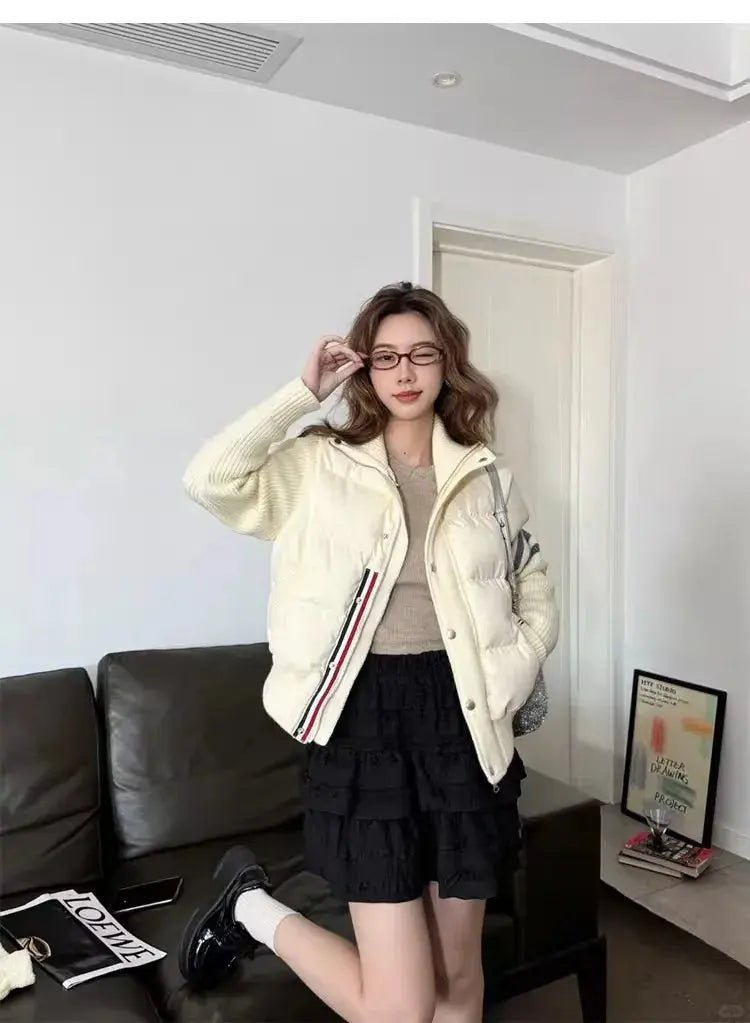 Chaqueta de plumón cálida blanca para mujer, abrigos cortos de manga empalmada tejidos con cuello informal a la moda de invierno, abrigo de plumón de pato blanco de alta calidad MedSurgery Store For Digital Health