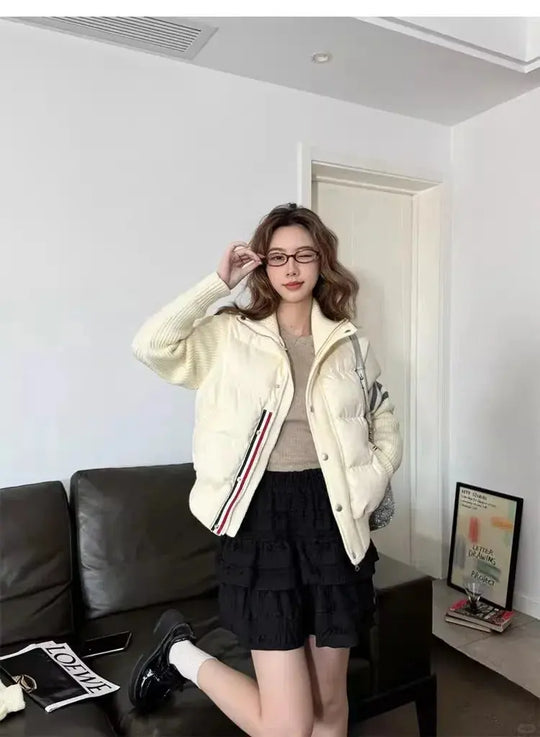 Chaqueta de plumón cálida blanca para mujer, abrigos cortos de manga empalmada tejidos con cuello informal a la moda de invierno, abrigo de plumón de pato blanco de alta calidad MedSurgery Store For Digital Health