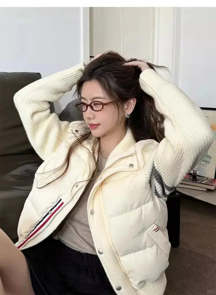 Chaqueta de plumón cálida blanca para mujer, abrigos cortos de manga empalmada tejidos con cuello informal a la moda de invierno, abrigo de plumón de pato blanco de alta calidad MedSurgery Store For Digital Health