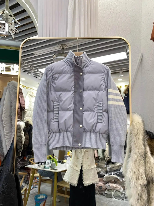 Chaqueta de plumón cálida blanca para mujer, abrigos cortos de manga empalmada tejidos con cuello informal a la moda de invierno, abrigo de plumón de pato blanco de alta calidad MedSurgery Store For Digital Health