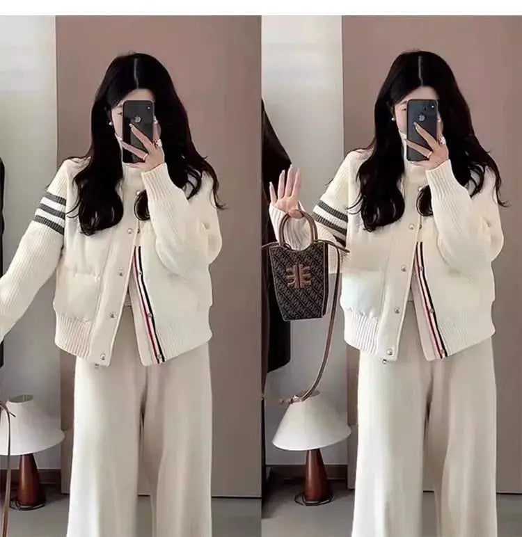 Chaqueta de plumón cálida blanca para mujer, abrigos cortos de manga empalmada tejidos con cuello informal a la moda de invierno, abrigo de plumón de pato blanco de alta calidad MedSurgery Store For Digital Health