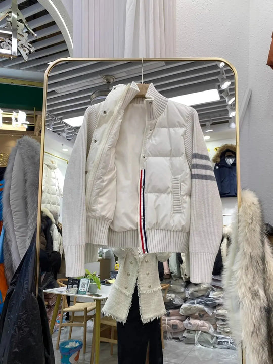Chaqueta de plumón cálida blanca para mujer, abrigos cortos de manga empalmada tejidos con cuello informal a la moda de invierno, abrigo de plumón de pato blanco de alta calidad MedSurgery Store For Digital Health