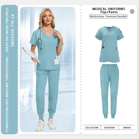 Uniformes médicos para mujeres y hombres, dentista, Hospital, bolsillos con cuello en V, Top, pantalones para correr, accesorios de enfermería, ropa de trabajo clínica MedSurgery Store For Digital Health