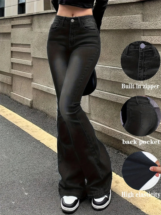 Women'S High-Stretch Retro Flare Jeans - Slim Fit Mid-Rise Bell Bottoms with Slant Pockets, Washed Blue Denim & Built-In Zipper, All-Season Casual Wear, High Waisted Jeans, Comfortable Fashion, Durable Fabric, Versatile Botto MedSurgery Store For Digital Health