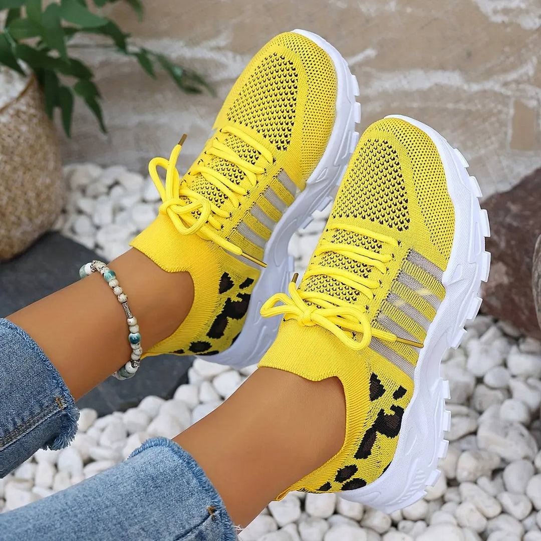 Women's Casual Sports Shoes, Flying Woven Leopard Print Breathable Lace-up Running Shoes, Comfortable Platform Shoes MedSurgery Store For Digital Health