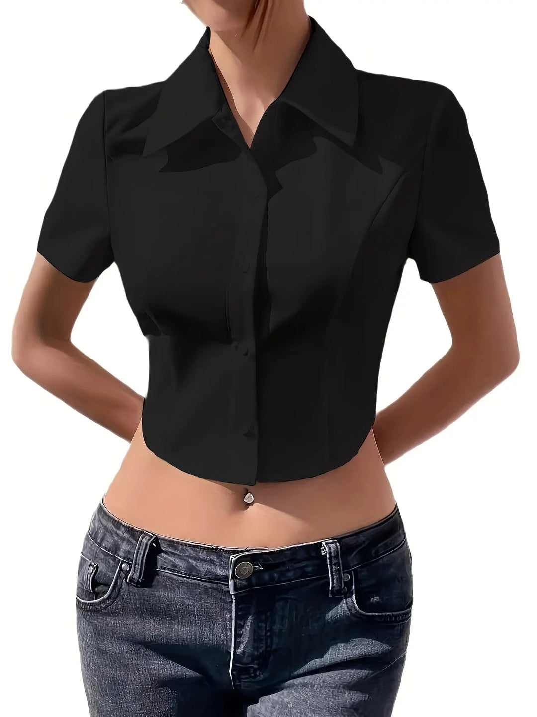 Women's Elegant Solid Color Lapel Collar Shirt - Classic Button-Up Blouse with Structured Fit, Machine Washable, Spring/Summer Office & Casual Wear, Versatile Black Top, Smooth Texture Finish MedSurgery Store For Digital Health