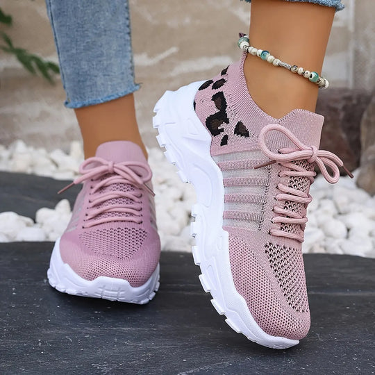 Women's Casual Sports Shoes, Flying Woven Leopard Print Breathable Lace-up Running Shoes, Comfortable Platform Shoes MedSurgery Store For Digital Health
