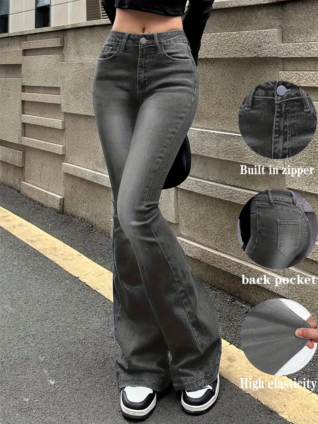 Women'S High-Stretch Retro Flare Jeans - Slim Fit Mid-Rise Bell Bottoms with Slant Pockets, Washed Blue Denim & Built-In Zipper, All-Season Casual Wear, High Waisted Jeans, Comfortable Fashion, Durable Fabric, Versatile Botto MedSurgery Store For Digital Health