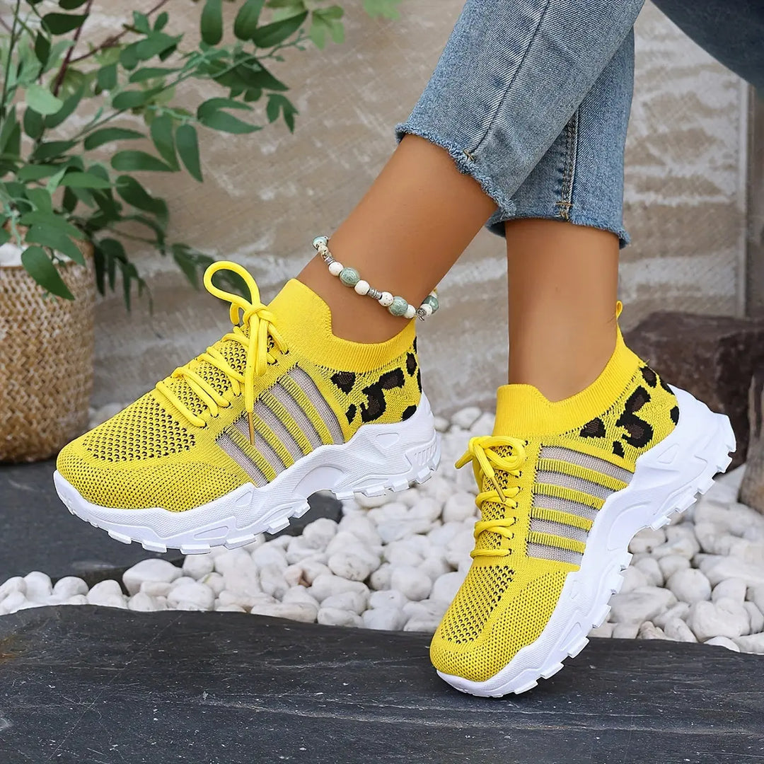 Women's Casual Sports Shoes, Flying Woven Leopard Print Breathable Lace-up Running Shoes, Comfortable Platform Shoes MedSurgery Store For Digital Health