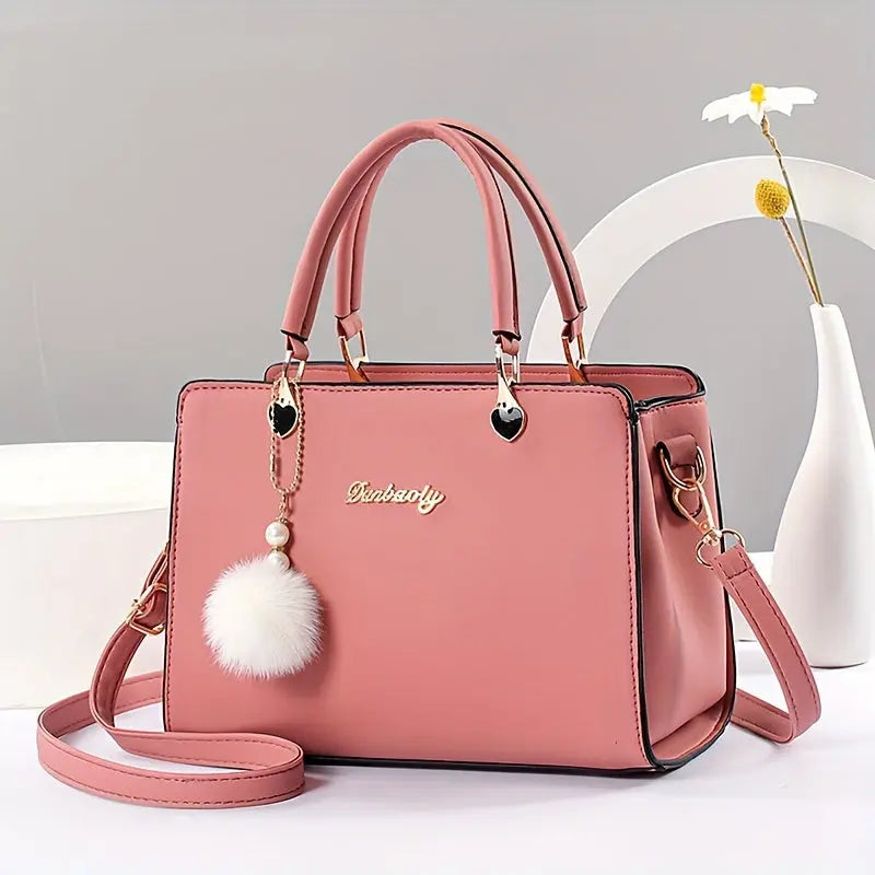 Fashion Solid Color Handbag, Multi Layer Crossbody Bag, Women's Satchel Purse With Pompom Ball Charms MedSurgery Store For Digital Health