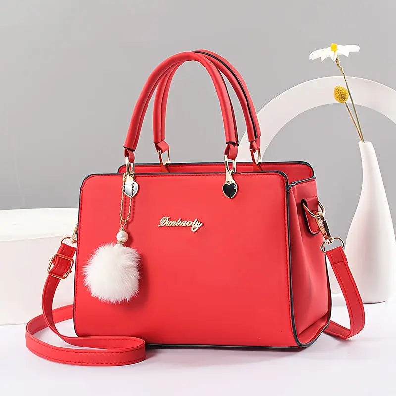 Fashion Solid Color Handbag, Multi Layer Crossbody Bag, Women's Satchel Purse With Pompom Ball Charms MedSurgery Store For Digital Health