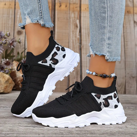 Women's Casual Sports Shoes, Flying Woven Leopard Print Breathable Lace-up Running Shoes, Comfortable Platform Shoes MedSurgery Store For Digital Health