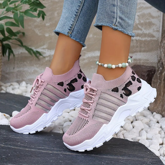 Women's Casual Sports Shoes, Flying Woven Leopard Print Breathable Lace-up Running Shoes, Comfortable Platform Shoes MedSurgery Store For Digital Health