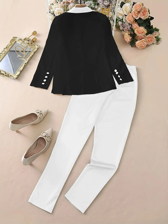Color Block Two-piece Set, Casual Button Front Blazer & Straight Leg Pants Outfits, Women's Clothing MedSurgery Store For Digital Health