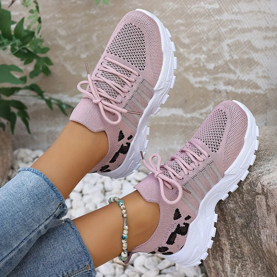 Women's Casual Sports Shoes, Flying Woven Leopard Print Breathable Lace-up Running Shoes, Comfortable Platform Shoes MedSurgery Store For Digital Health