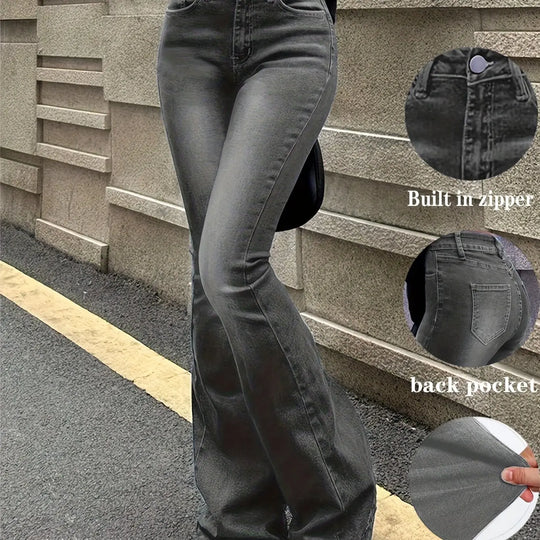 Women'S High-Stretch Retro Flare Jeans - Slim Fit Mid-Rise Bell Bottoms with Slant Pockets, Washed Blue Denim & Built-In Zipper, All-Season Casual Wear, High Waisted Jeans, Comfortable Fashion, Durable Fabric, Versatile Botto MedSurgery Store For Digital Health