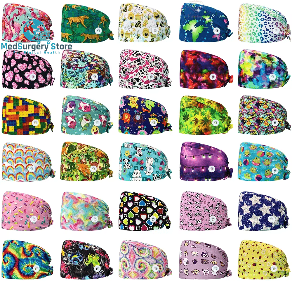 Wholesale Unisex Scrubs Cap Adjustable Cotton Printing Surgical Hats Nurse Uniform Accessories Hospital Beauty Store Work Caps