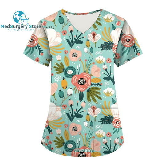 Women Nurse Uniform Floral 3D Print Tops V-Neck Pocket Medical Uniforms Nursing Short Sleeve T-Shirt Tops Working Clothes