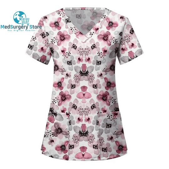 Women Nurse Uniform Floral 3D Print Tops V-Neck Pocket Medical Uniforms Nursing Short Sleeve T-Shirt Tops Working Clothes