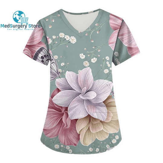 Women Nurse Uniform Floral 3D Print Tops V-Neck Pocket Medical Uniforms Nursing Short Sleeve T-Shirt Tops Working Clothes