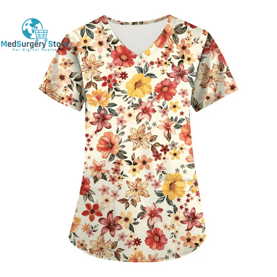 Women Nurse Uniform Floral 3D Print Tops V-Neck Pocket Medical Uniforms Nursing Short Sleeve T-Shirt Tops Working Clothes