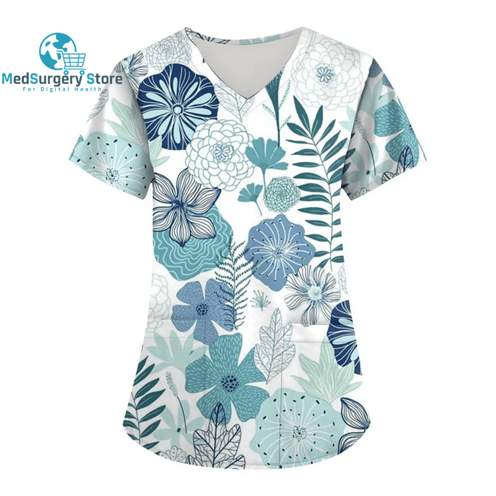 Women Nurse Uniform Floral 3D Print Tops V-Neck Pocket Medical Uniforms Nursing Short Sleeve T-Shirt Tops Working Clothes