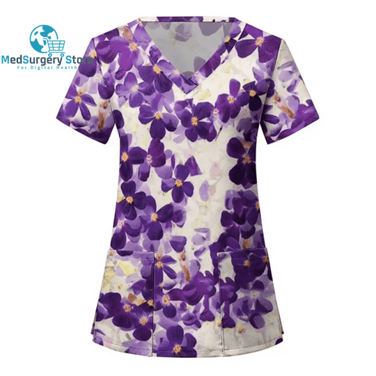 Women Nurse Uniform Floral 3D Print Tops V-Neck Pocket Medical Uniforms Nursing Short Sleeve T-Shirt Tops Working Clothes