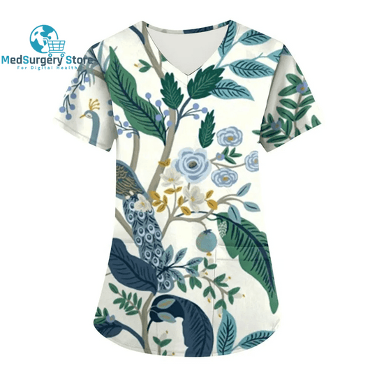 Women Nurse Uniform Floral 3D Print Tops V-Neck Pocket Medical Uniforms Nursing Short Sleeve T-Shirt Tops Working Clothes