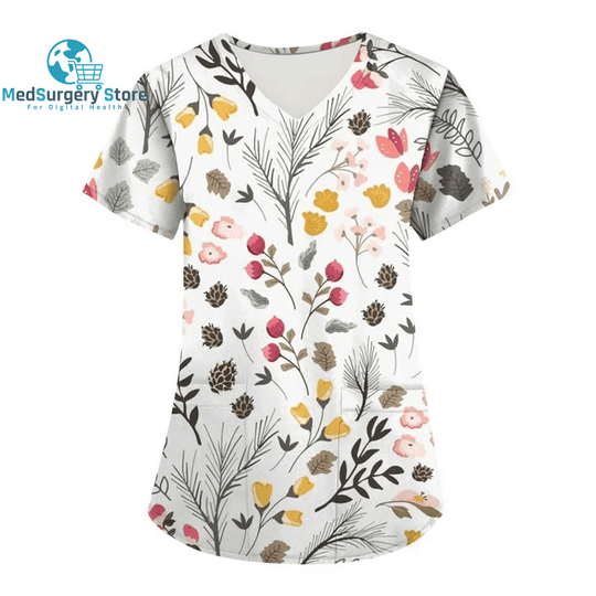 Women Nurse Uniform Floral 3D Print Tops V-Neck Pocket Medical Uniforms Nursing Short Sleeve T-Shirt Tops Working Clothes