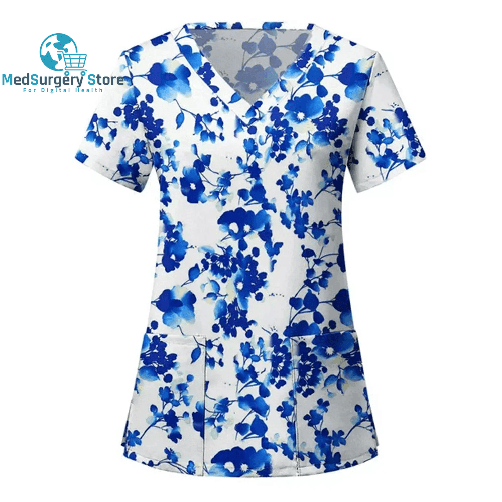 Women Nurse Uniform Floral 3D Print Tops V-Neck Pocket Medical Uniforms Nursing Short Sleeve T-Shirt Tops Working Clothes
