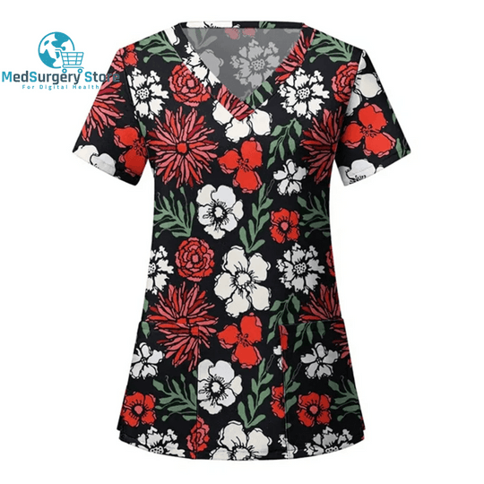 Women Nurse Uniform Floral 3D Print Tops V-Neck Pocket Medical Uniforms Nursing Short Sleeve T-Shirt Tops Working Clothes