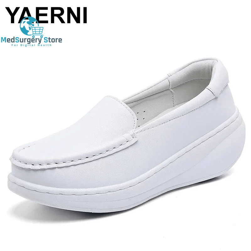 YAERNI Working Women'S Shoes Increased Muffin Shallow Mouth Breathable White Shoes Casual Korean Leather Nurse Shoes Zapatillas